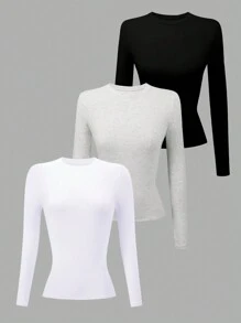 INAWLY 3 件套女士纯色圆领长袖 T 恤 - 黑與白 - 查看 1