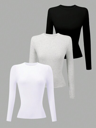 INAWLY 3pcs/Set Women Plain Round Neck Long Sleeve T-Shirts Fall Cloth For Women