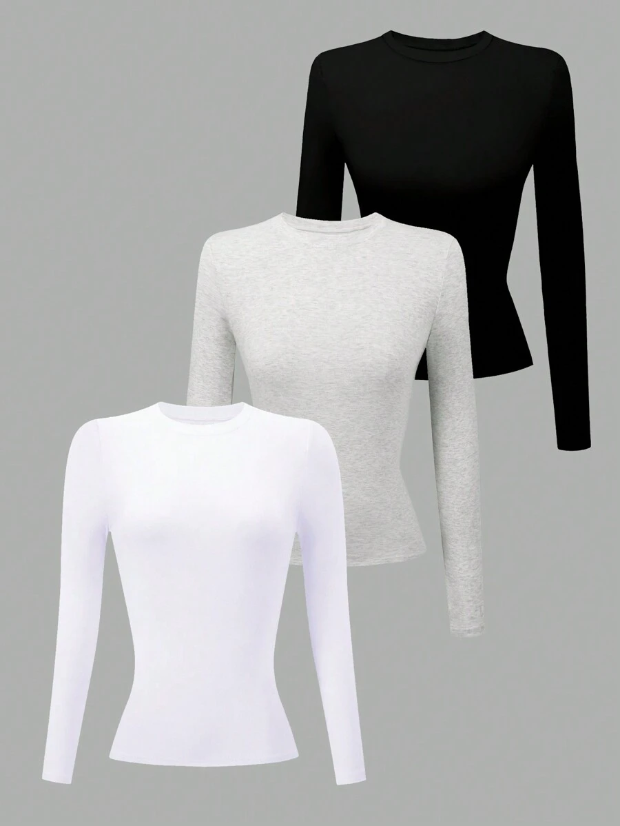 INAWLY 3 件套女士纯色圆领长袖 T 恤 - 黑與白 - 查看 1