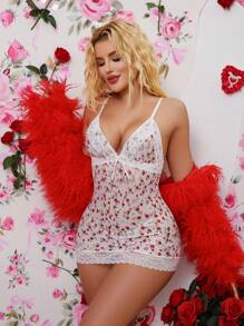 SHEIN 2pcs/Set Standard Women's Ditsy Floral Contrast Lace Spaghetti Strap Mini Sexy Nightgown Set - Multicolor - View 4