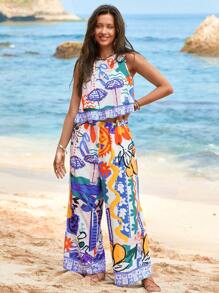 SHEIN VCAY 2 Pcs/Set Women Summer Vacation Printed Chiffon Camisole And Pants Set - Multicolor - View 1