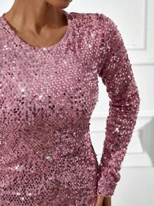 EURMUSE Elegant Style, Sequin Long Line Bodycon Dress - Pink - View 6