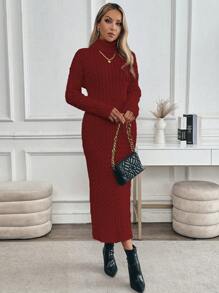 SHEIN Clasi Vestido de suéter de punto trenzado con cuello alto y corte holgado para mujer