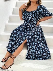 SHEIN CURVE+ Vestido de verano bohemio, elegante y con estilo romántico francés para mujer talla grande con estampado floral, mangas abullonadas, nudo delantero y abertura en el muslo - Multicolor - Ver 8