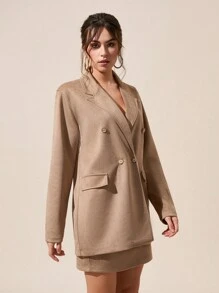 EURMUSE Urban Chic Double-Breasted Nubuck Light Jacket & Mini Skirts Two-Pieces Set - Camel - View 7
