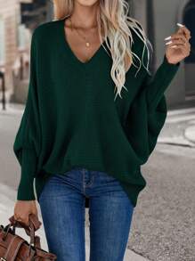 SHEIN LUNE Áo len rộng rãi tay cánh dơi trơn cho nữ, mùa thu/đông - Màu xanh lá cây đậm - Xem 6