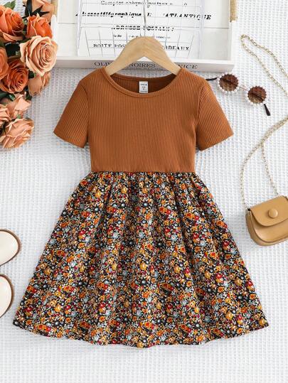 Emery Rose Kids Emery Rose Kids Váy ngắn tay chắp vá thời trang mùa xuân hè cho bé gái, váy dệt kim cổ tròn trơn thêu hoa, thích hợp mặc đi học hàng ngày.
