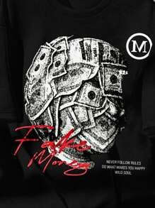 SHEIN 青少年男孩休闲时尚酷炫图案印花圆领短袖 T 恤，适合夏季 - 黑色 - 查看 3