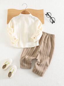 Cozy Pixies 2pcs/Set Baby Boy Lapel Collar Long Sleeve Cardigan Top And Elastic Waist Solid Color Pants Set - Khaki - View 2