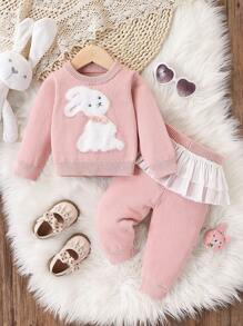 SHEIN Baby/Baby Girl Fashion Cute Sweet Matching Knitted Outfit Set - Pink - View 1