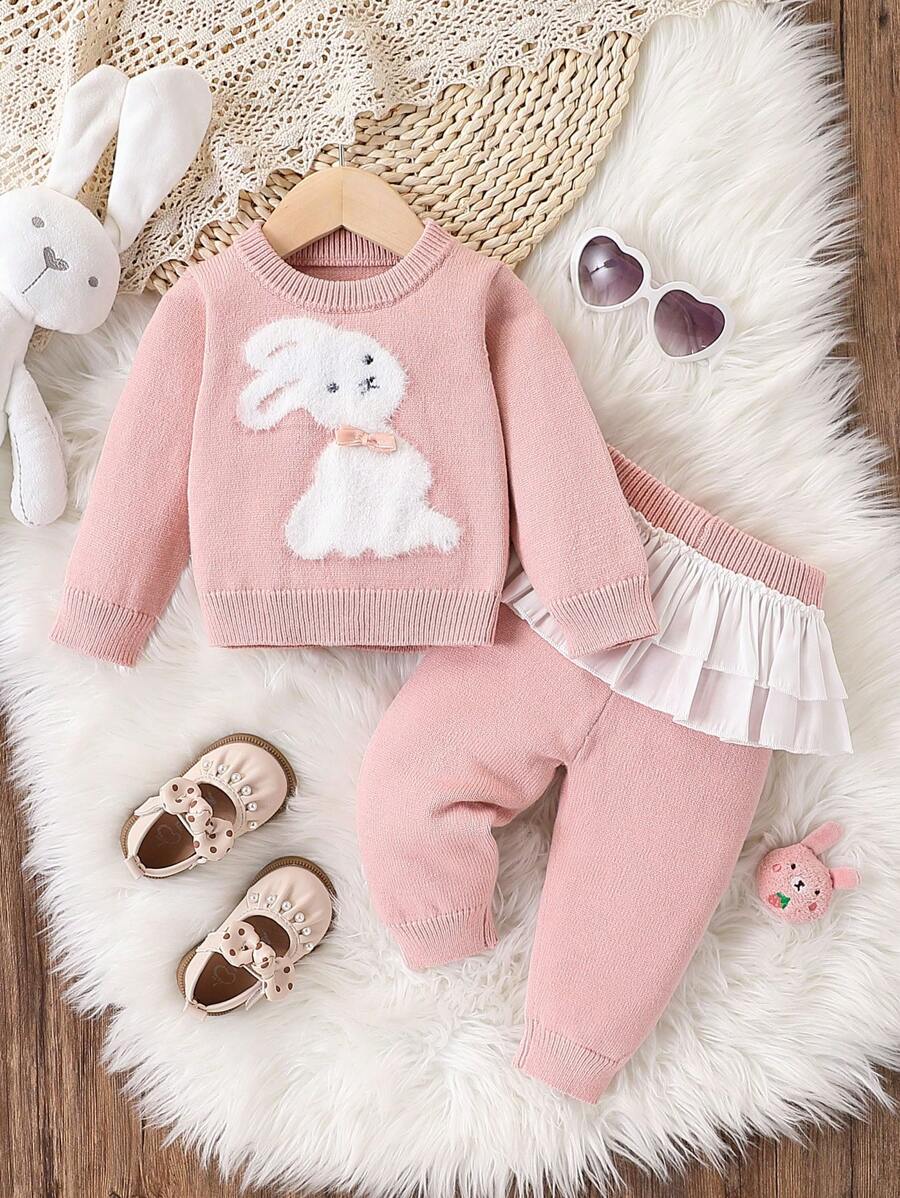 SHEIN Baby/Baby Girl Fashion Cute Sweet Matching Knitted Outfit Set - Pink - View 1