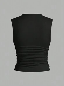 SHEIN Essnce 女式纯色立领无袖褶皱简约上衣，休闲日常穿着 - 彩色 - 查看 8