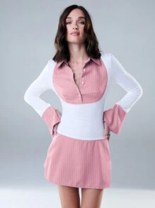 SHEIN Unity 拼色条纹拼接大袖口长袖衬衫裙，情人节装 - 粉色 - 查看 5