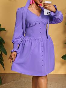 Slaydiva Elegantes romantisches lila Volants A-Linien-Kleid mit Bubbelausschnitt in Große Größen - J