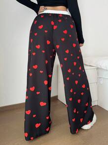 POPSWAY Plus Size Dames Losse Casual Wijde Broek Met Letterprint & Hartontwerp, Valentijn
