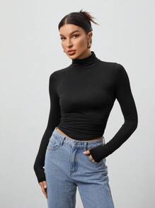 SHEIN Tall Áo thun nữ cổ bẻ màu đen giản dị, mùa thu - màu đen - Xem 3