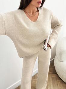 SHEIN Jersey de punto acanalado para mujer color beige, adecuado para el invierno