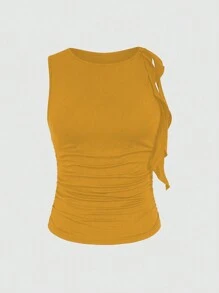 INAWLY Women's Solid Color Round Neck Twist Pleated Fitted Yellow Tank Top