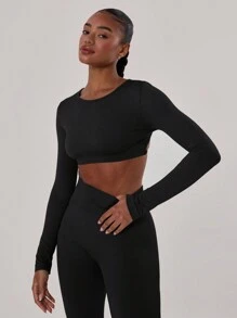 Musera Sport Cross Back Crop Long Sleeve Gym Top, Padel, Tennis, Pickleball Gym Fitness Fall Winter - Black - View 2