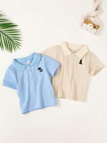 2 pièces Ensemble de tenue décontractée d'été pour tout-petits garçons, avec polo à manches courtes avec broderie d'arbre de noix de coco et de voilier. Convient pour les activités extérieures du printemps, de l'été et de l'automne - Bleu azur - Voir 8