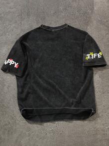 Manfinity EMRG Camiseta casual de manga corta de cuello redondo con estampado de letras y dibujos animados para hombre - Negro - Ver 2