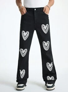 Manfinity EMRG Quần ống loe in hình trái tim denim đen cho nam, StreetEZ - màu đen - Xem 4