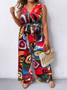 SHEIN Clasi Combi-short sans manches imprimé graffiti, grande taille, décontractée et pour la villégiature - Multicolore - Voir 3