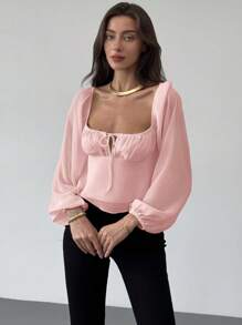 Aloruh Square Neck Gathered Waist Flared Women's Textured Long Sleeve Blouse - Pink - View 5