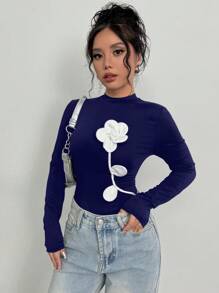 Firerie 女士优雅复古硬币印花紧身长袖 T 恤，通勤和度假时尚，秋季 - 藏蓝色 - 查看 4