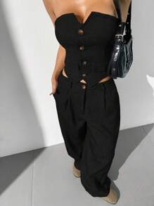 SHEIN EZwear 2pcs Women Solid Color Front Button Pocket Casual Top And Pants Set - Black - View 6