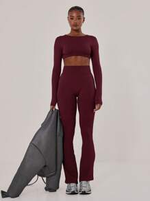 Musera Sport Cross Back Crop Long Sleeve Gym Top, Padel, Tennis, Pickleball Gym Fitness Winter - Burgundy - View 3