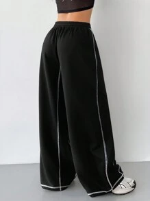 Coolane Women's Fall Sportswear Game Day Contrast Piping Graphics Wide Leg Sweatpants - Black - View 2