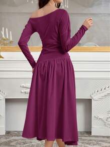 Modelyn Women's Elegant Charm Slanted Shoulder Knit Woven Umbrella Hem Fashion Dress Long Evening Dresses