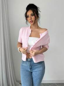 Gloray Nueva llegada Suéter holgado y sencillo de punto con botones para mujer, suéter de manga corta en color rosa para otoño/invierno