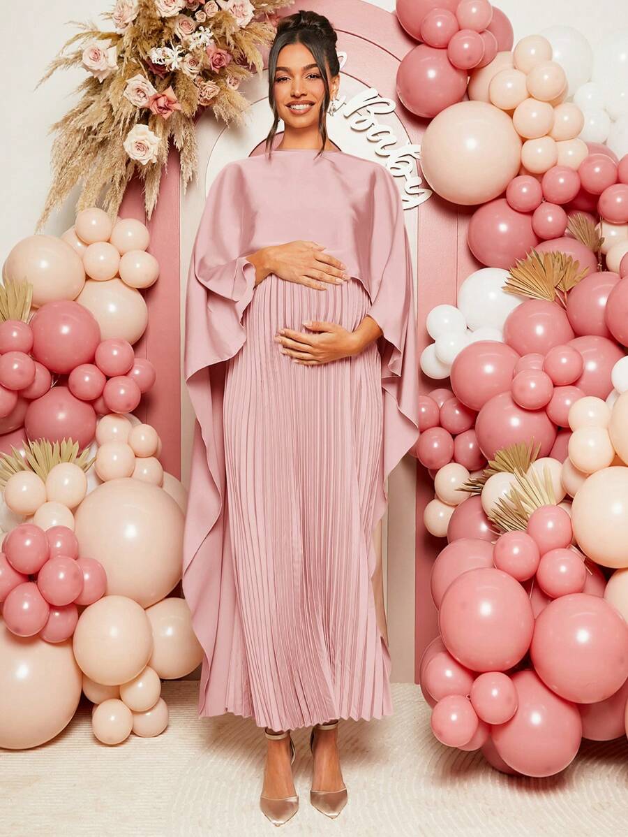 Loomaby Elegant Solid Color Pleat Shoulder Dress, For Pregnant Women Party, Baby Shower Maternity Dress - Pink - View 1