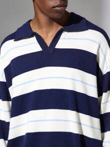 SUMWON Classic Knit Polo Sweater V-Neck Striped Pullover Long Sleeve Winter Fall Casual Preppy University Style Ribbed Cuffs Warm Knitwear