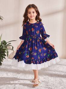 SHEIN 年轻女孩编织花卉圆领撞色网眼拼接紧身连衣裙 - 藍色 - 查看 7