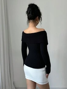 SHEIN Unity 女士常规款落肩撞色镂空花卉休闲修身针织毛衣，秋冬针织套头衫 - 黑色 - 查看 2