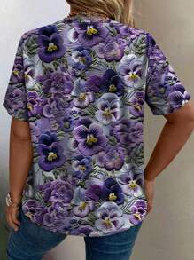 Camiseta casual de manga corta con estampado floral elegante y vintage en tallas grandes (estampado aleatorio) - Camisetas gráficas para mujeres