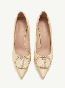 CUCCOO CHICEST Fashion Elegant Golden Color Satin Glitter Rhinestone Metal Decor Pointed Toe Stiletto High Heel Shoes For Wedding Bride Bridesmaid, Party, Date, Holiday, Christmas, Valentine, Comfortable Valentines