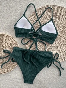 SHEIN Swim Women Summer Beach Solid Ribbed Simple Bikini Set For Vacation - Dark Green - View 5