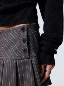 SHEIN X Scot Louie LYSMO Váy chữ A tối giản xếp ly kẻ sọc trang trí nút cho nữ, mặc thường ngày - Xám - Xem 3