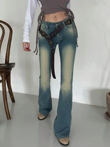 DAZY 女士水洗做旧修身喇叭牛仔裤，全年供应低腰牛仔裤 - 藍色 - 查看 7