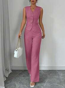 Selianne Set de costum de culoare solidă, ocazional de afaceri, fără mâneci, cu decolteu în V, vestă și pantaloni drepti pentru femei - Roz fierbinte - Vizualizare 4