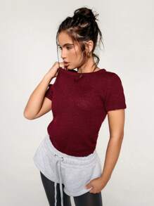 Athîral Women Casual Solid Color Slim Fit Short Sleeve Knit Top - Burgundy - View 1