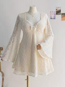 Dreamara Plus Size Women's Square Neck White Lace Trim Ruffle Sleeve A-Line Mini Dress, Vacation Wear, Spring,Graduation Dress - White - View 3