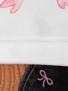 SHEIN Newborn Baby Girls' White Round Neck Sweatshirt, Pink Bow Print Denim Pants, Pink Bow Embroidery Cute Sweet Suit, Autumn/Winter