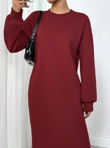 Muchica Loose Fit Solid Color Long Sleeve Casual Sweatshirt, Long Length & Minimalist Style For Daily Wear - Red - View 5