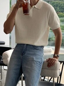 DAZY 男士夏季休闲半开襟纯色针织上衣商务装 - 米色 - 查看 6