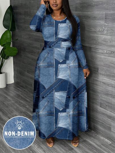 Slaydiva Casual & Simple All-Over Denim Effect Print Plus Size Dress, Autumn/Winter Chic Dress